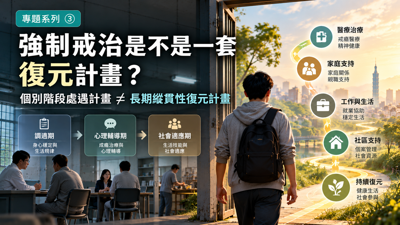 強制戒治個別階段處遇計畫與長期縱貫性復元計畫的比較圖。左側呈現調適期、心理輔導期及社會適應期三階段處遇，右側呈現醫療治療、家庭支持、工作生活及社區資源的持續銜接，說明戒治期間的個別處遇不等於跨越機構與社區的長期復元計畫。